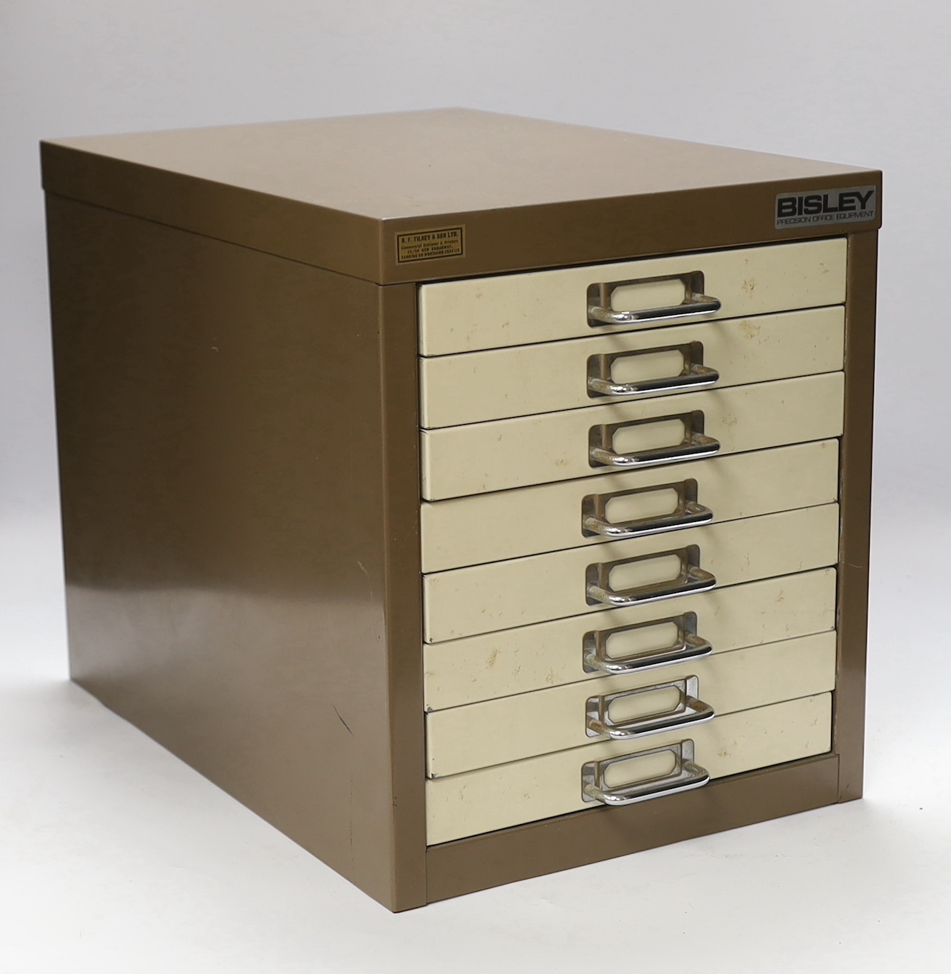 Fossil fish interest; a Bisley eight drawer cabinet containing a collection of seventeen fossil fish on matrix including Knightia from the Green River Formation Wyoming, together with fossilised vertebrae, fossil insects